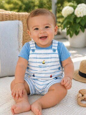 NWT Little Me Baby Boy Nautical 2 Piece Romper Set Size 6 Months Sailboat Blue